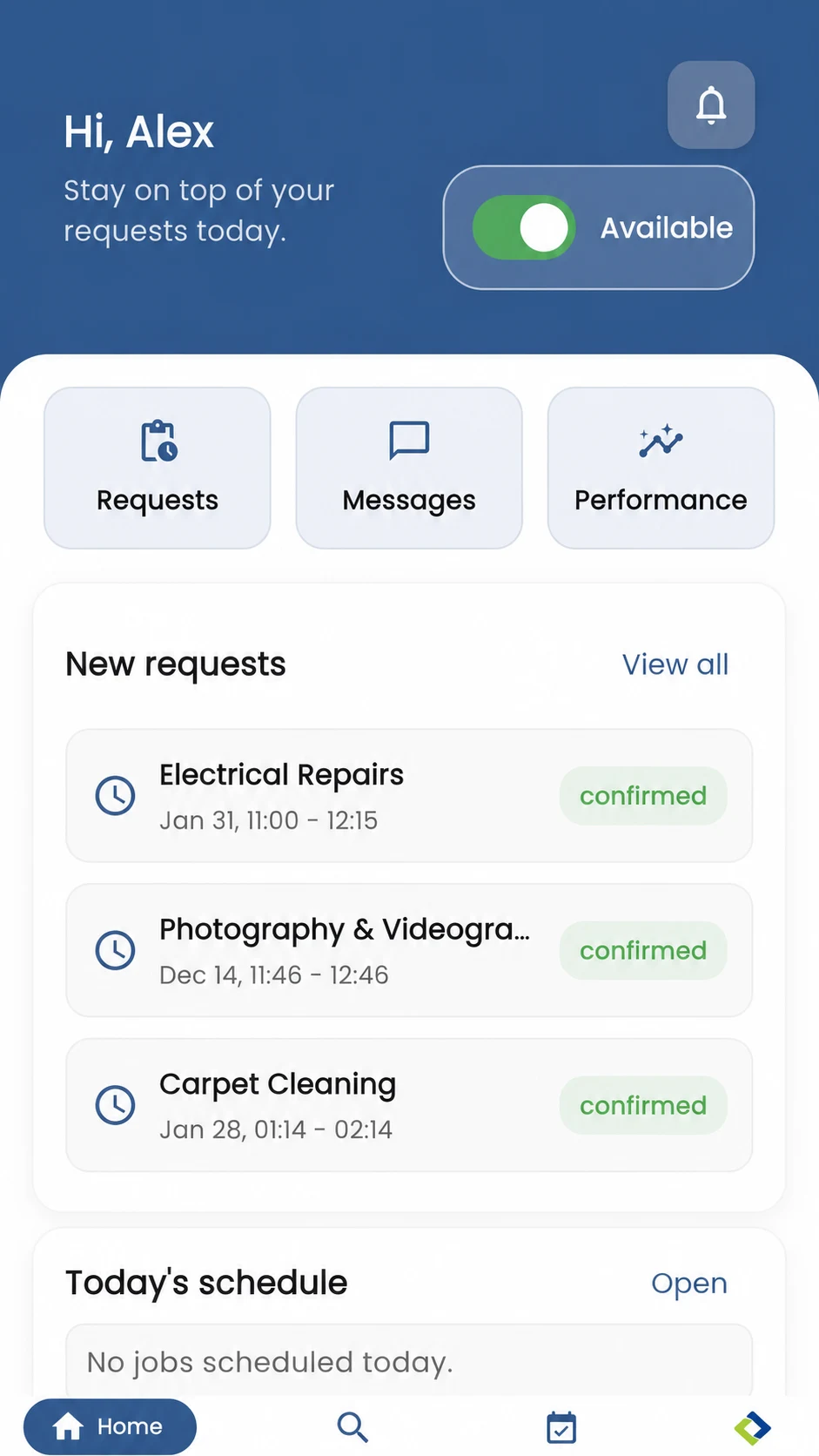 GoFix provider dashboard with requests and schedule