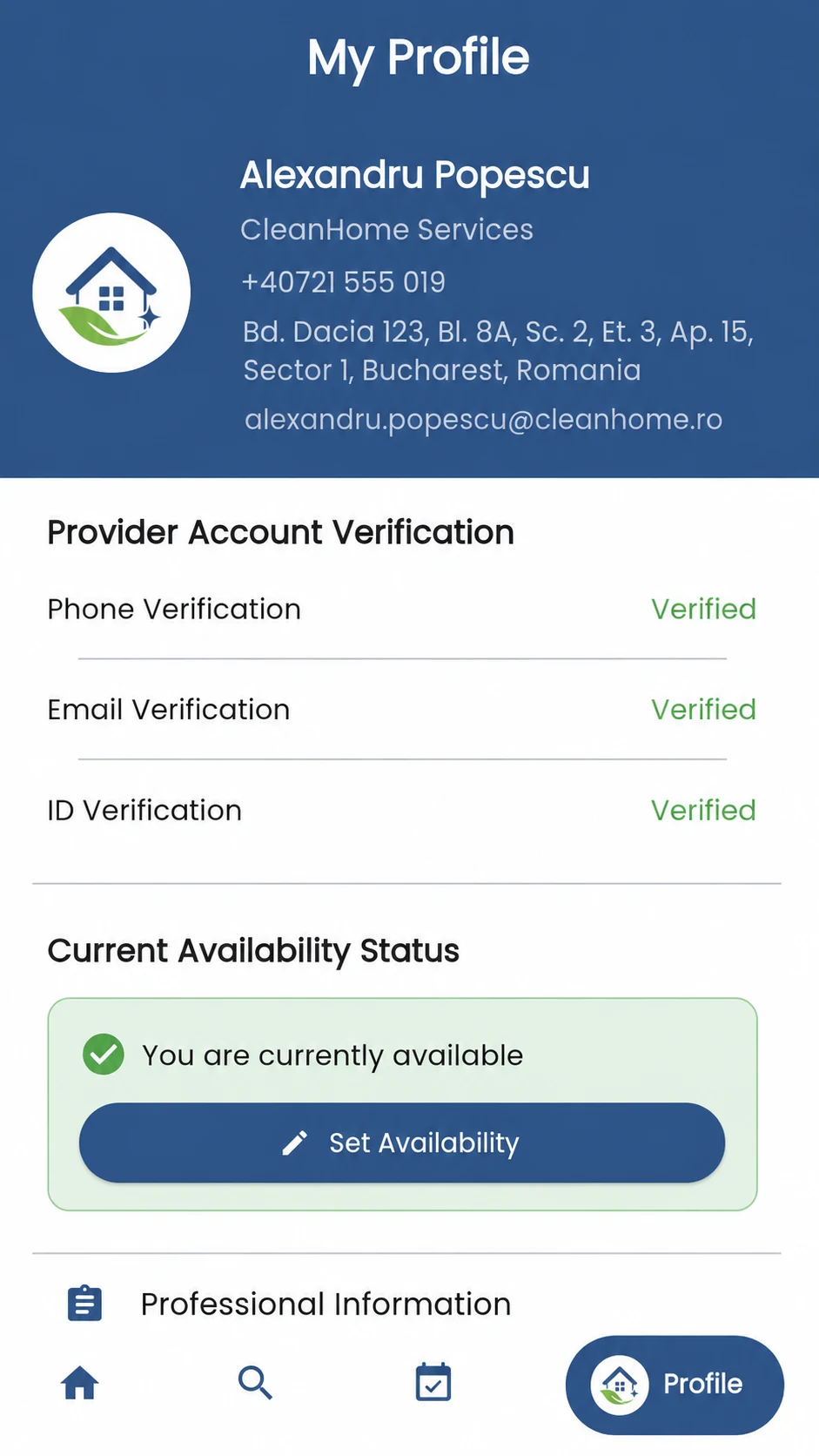 GoFix provider profile and account verification