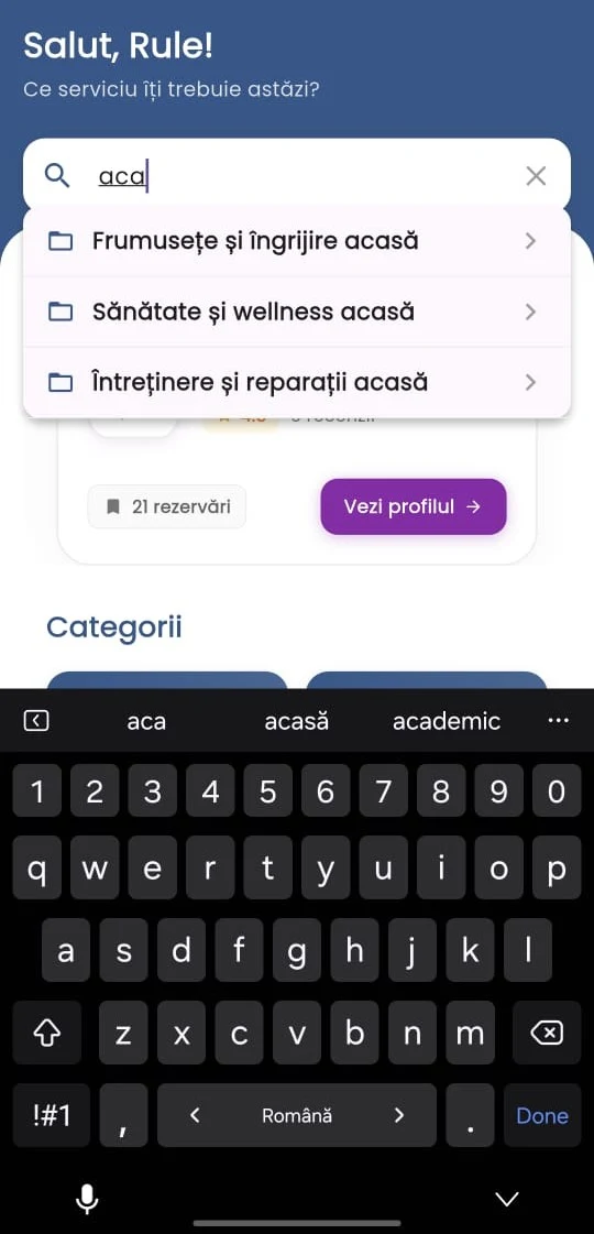 GoFix user search interface with service suggestions
