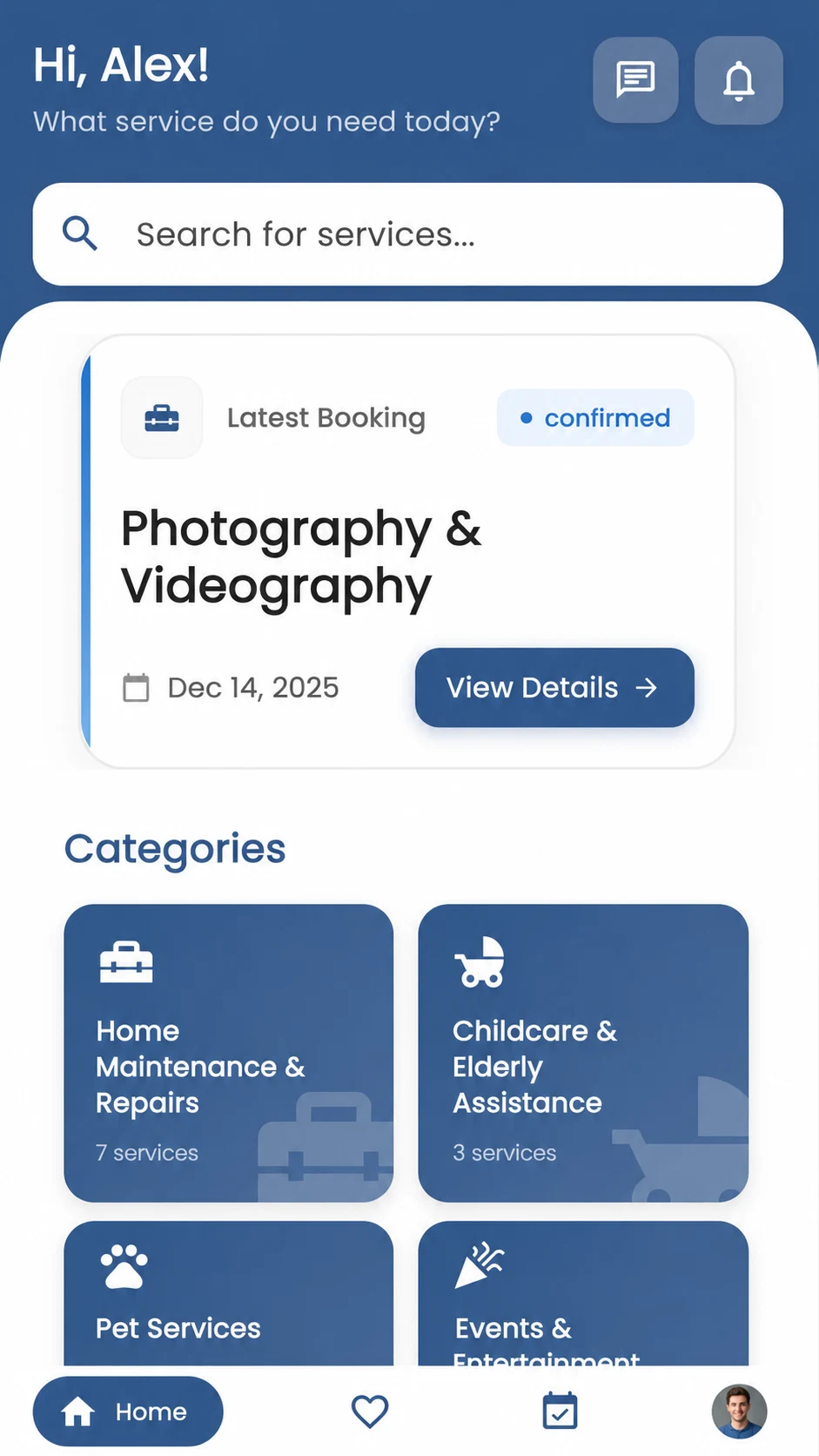 GoFix user home screen with current booking and service categories