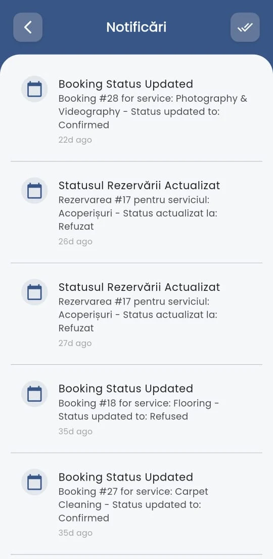 GoFix user booking notifications screen