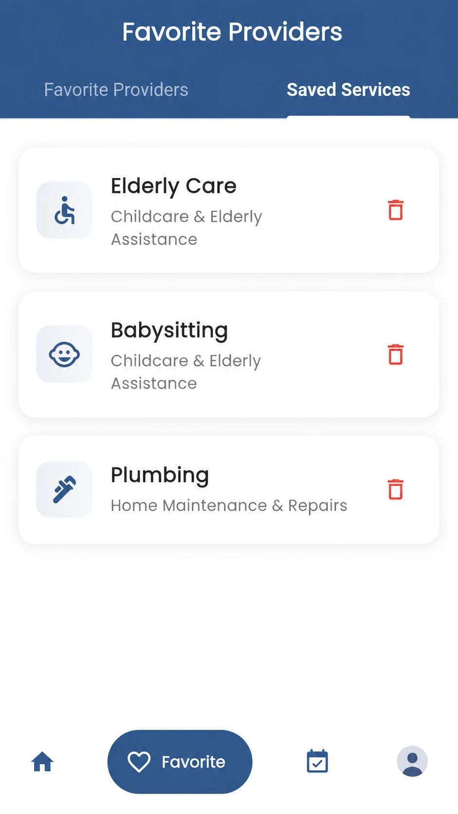 GoFix user saved providers and services screen