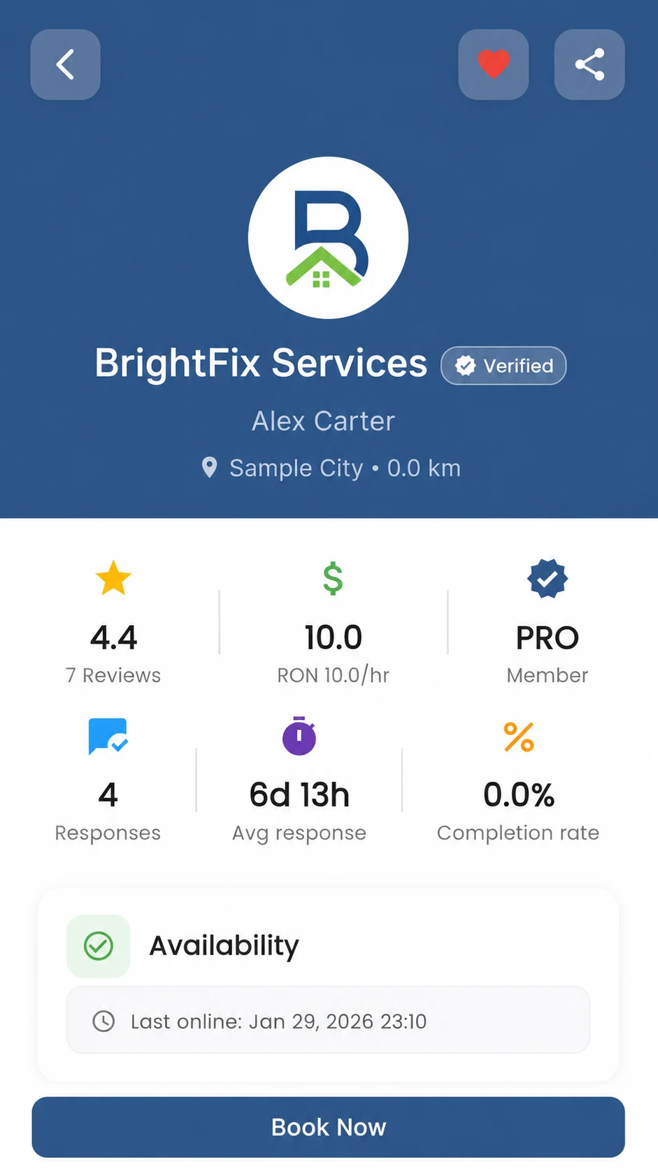 GoFix user view of a provider profile and availability