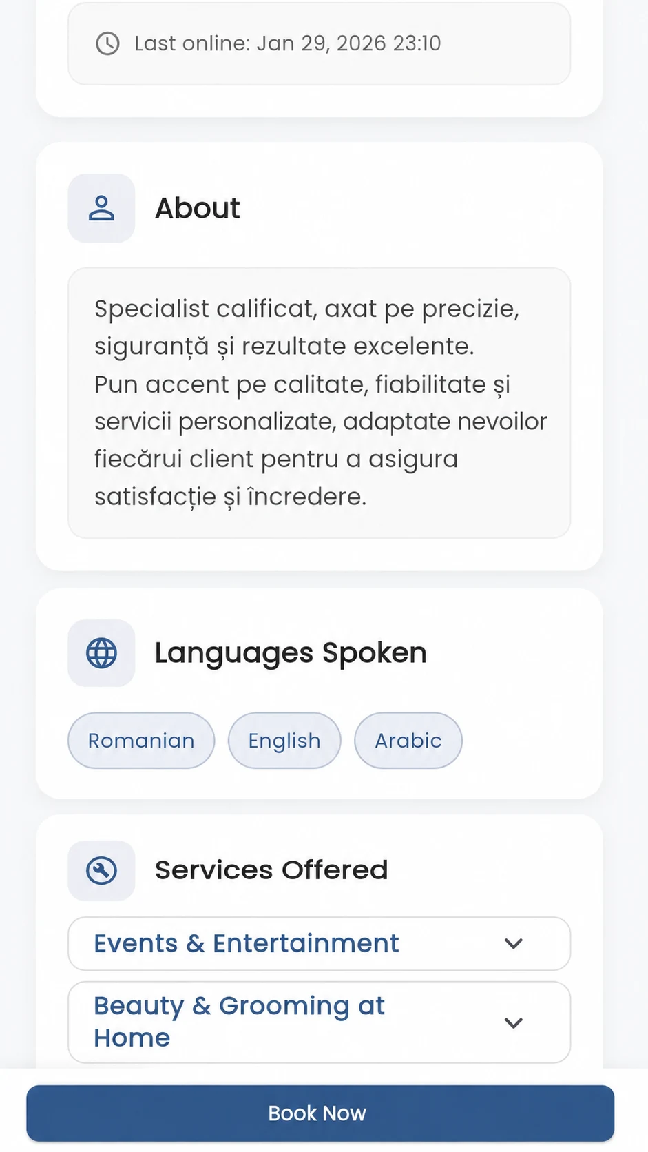 GoFix user view of provider details and offered services