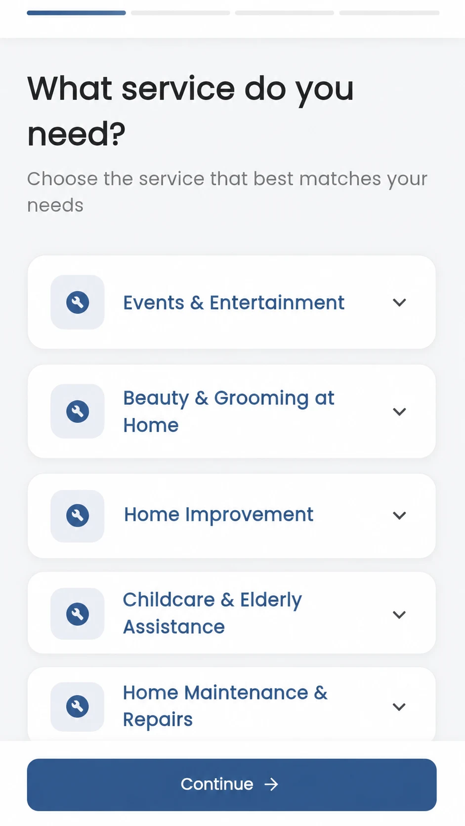 GoFix user service category selection step