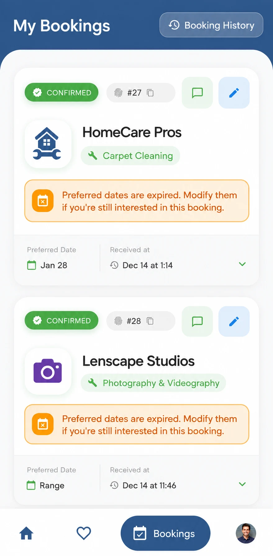 GoFix user bookings overview