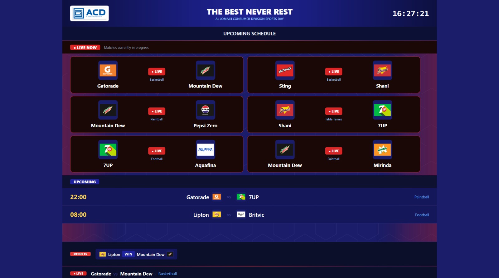 Sports Score audience display showing live matches and the upcoming schedule