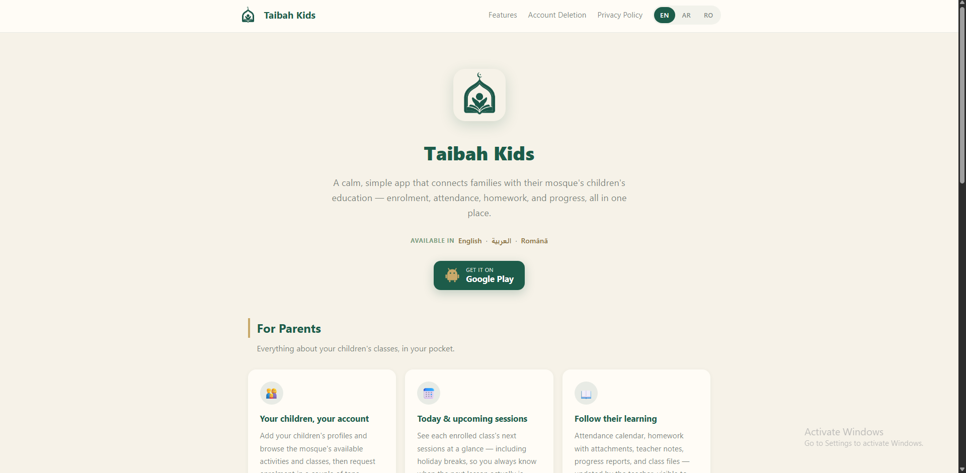 Taibah Kids informational website home page